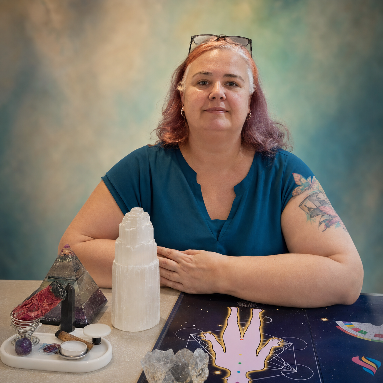 Dyana, idealizadora e facilitadora da Cristalis Healing Alchemy, com cristais e sua mesa terapêutica multicristalina