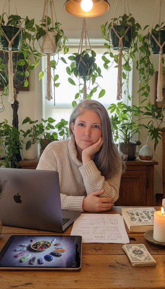 Manu, idealizadora e facilitadora da Cristalis Healing Alchemy, em seu espaço com plantas e materiais de estudo